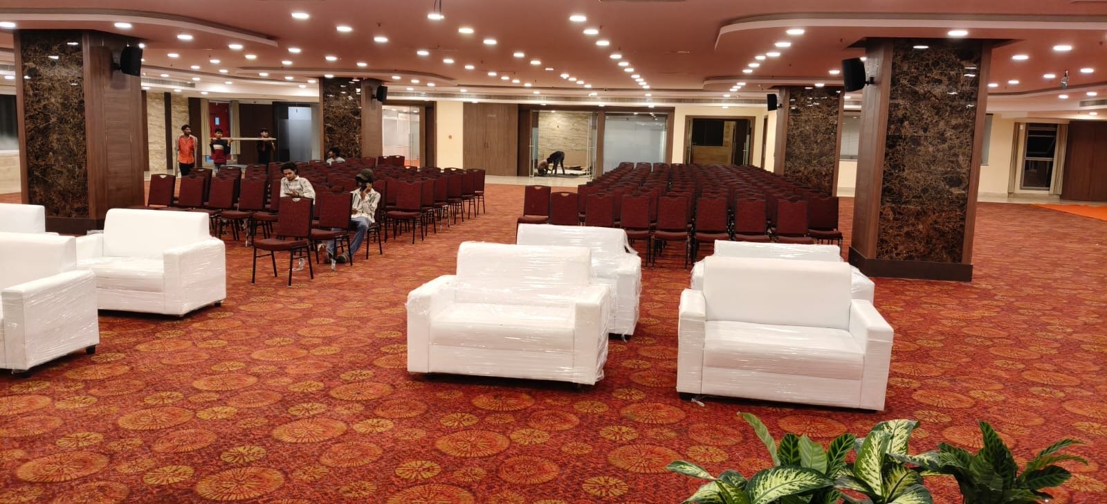 White lounge furniture at an event venue